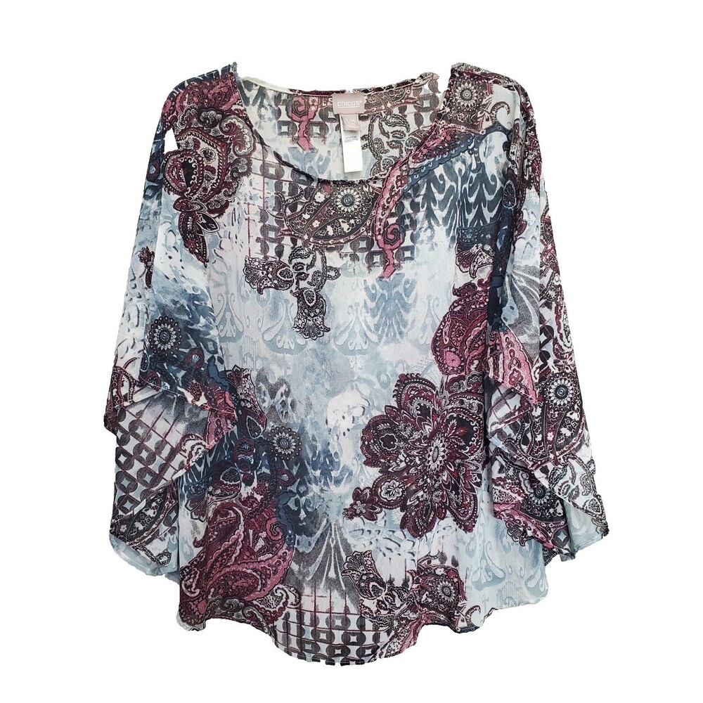 Chico's Boho Paisley Bat-Wing Poncho Top Size S/M